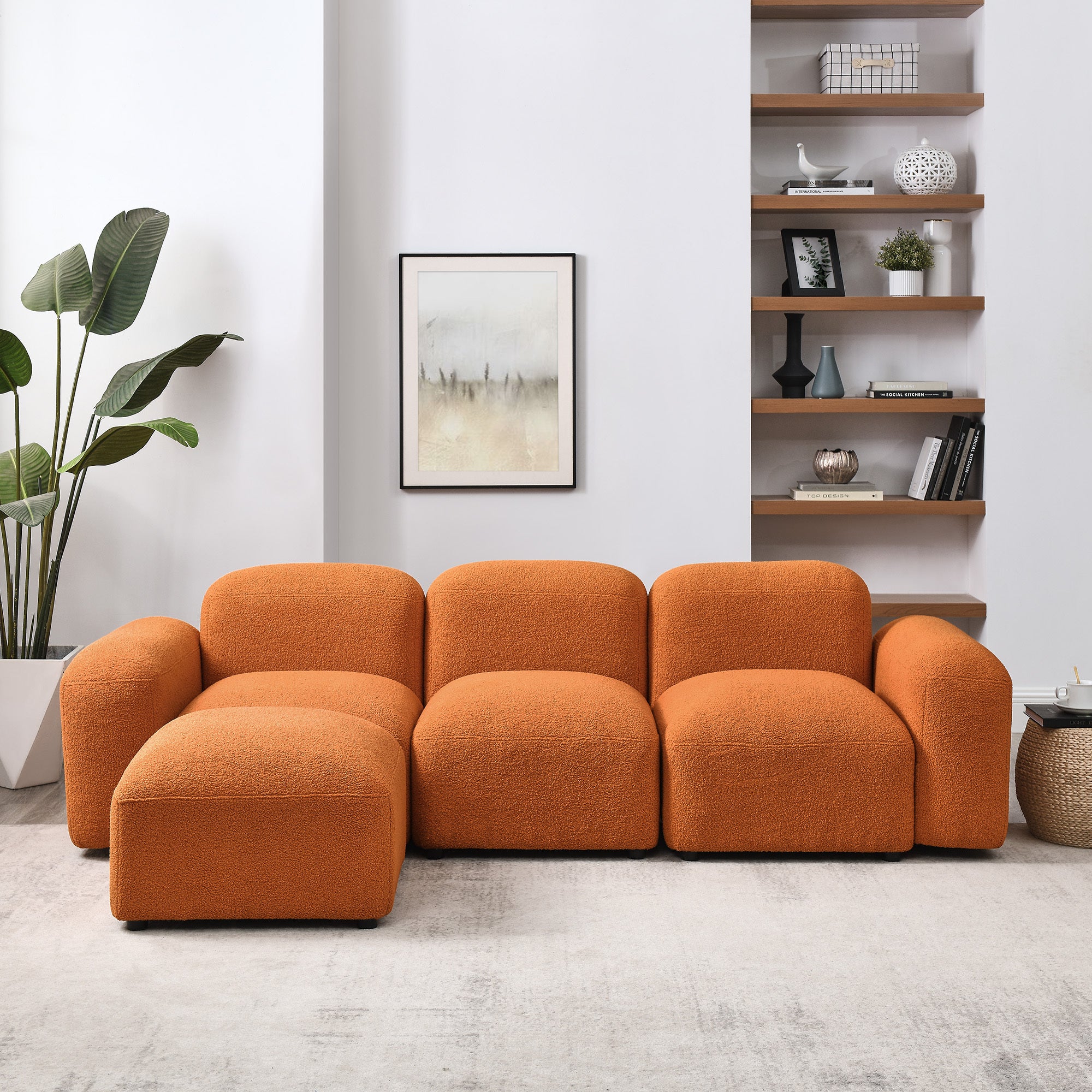 L-Shape Modular Sectional Sofa,DIY Combination,Teddy Fabric,Orange.