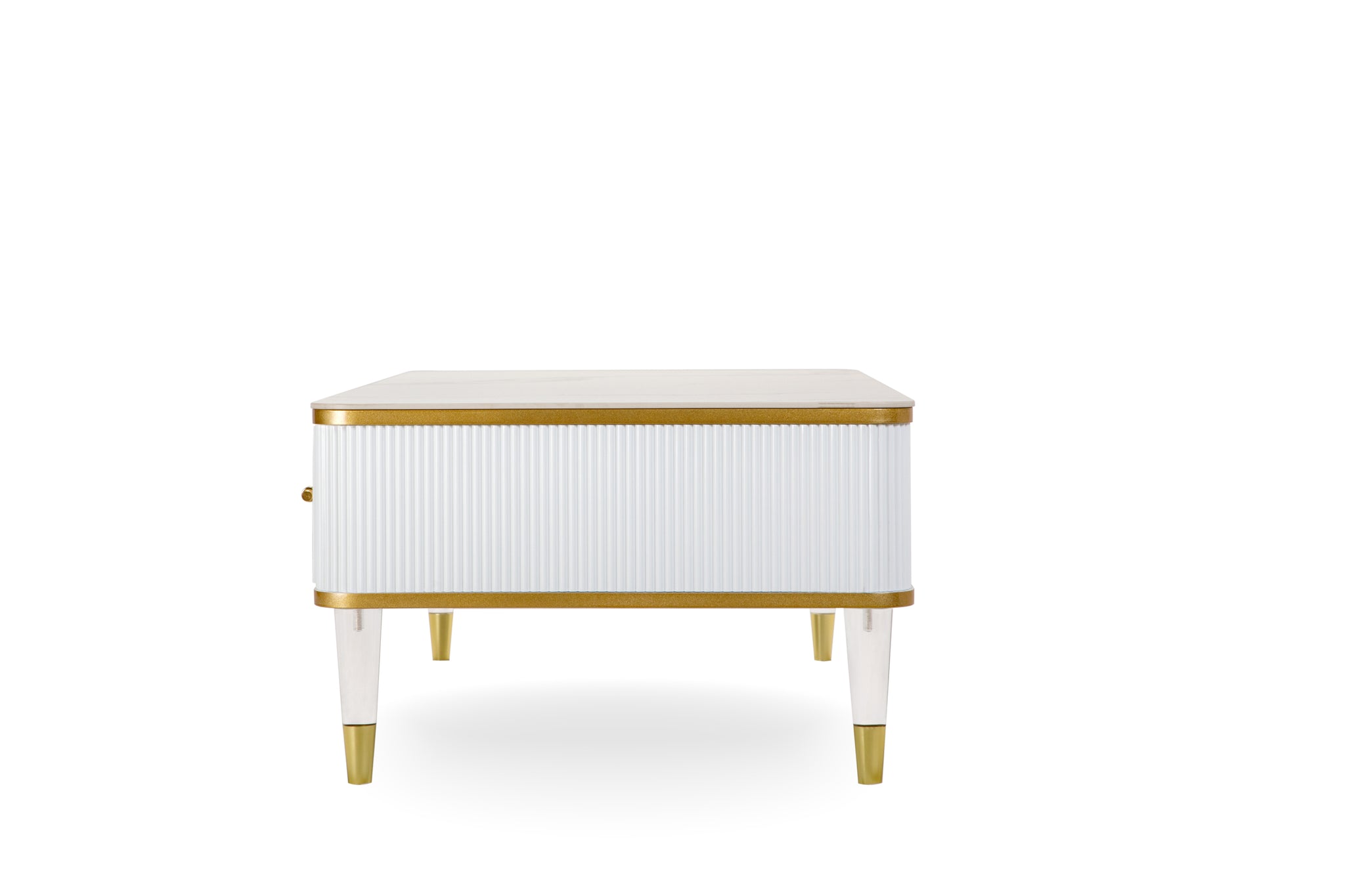 Modern White/Gold tone Sintered Matte Stone Top Coffee Table W/ Drawer