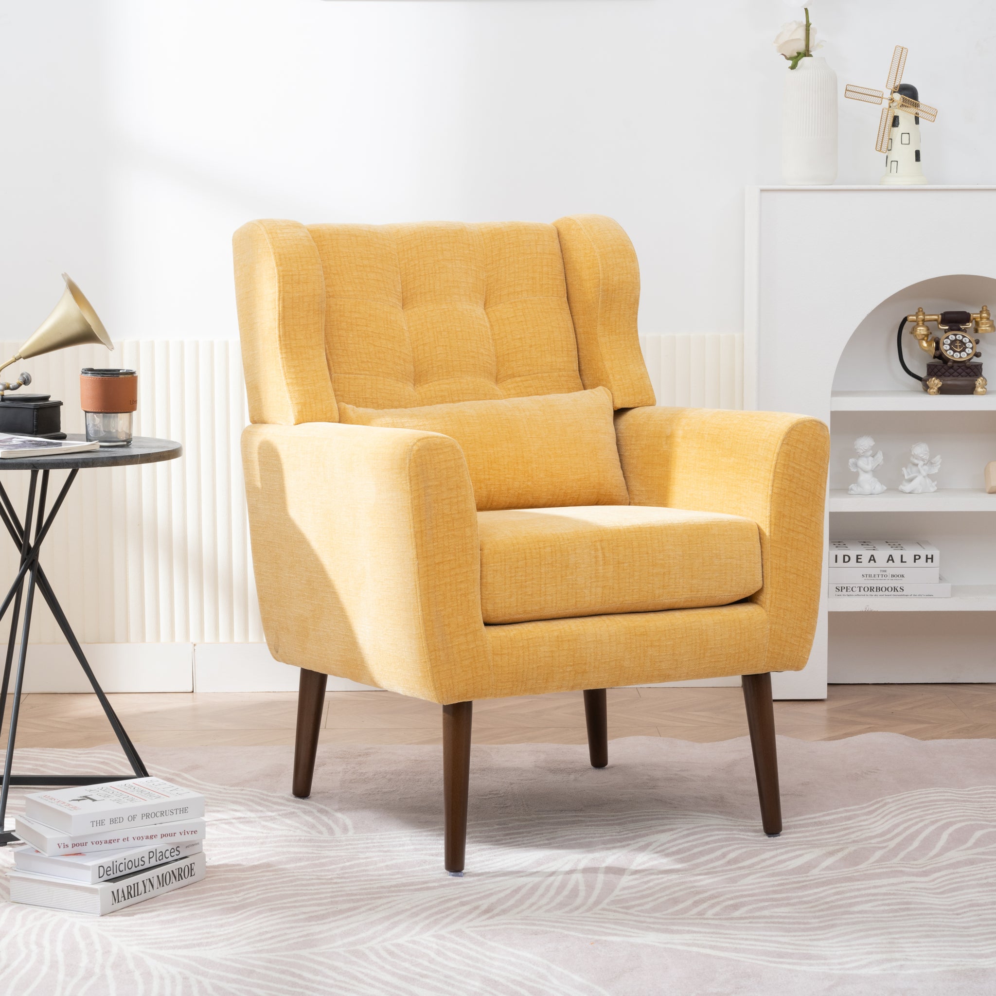 Modern Accent Chair Upholstered Foam Filled Living Room Chairs Comfy Reading Chair Mid Century Modern Chair with Chenille Fabric Lounge Arm Chairs Armchair for Living Room Bedroom (Yellow)