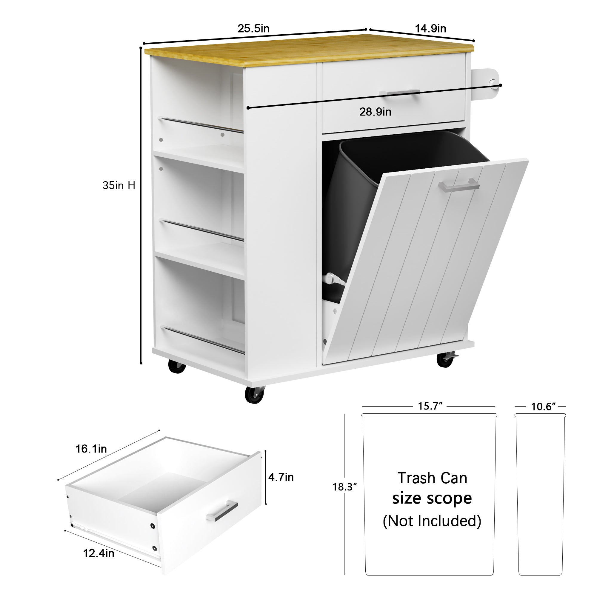 Glavbiku Kitchen Island with Trash Can Cabinet on Wheel,Rolling Island Cart with Drawer,28.7"L