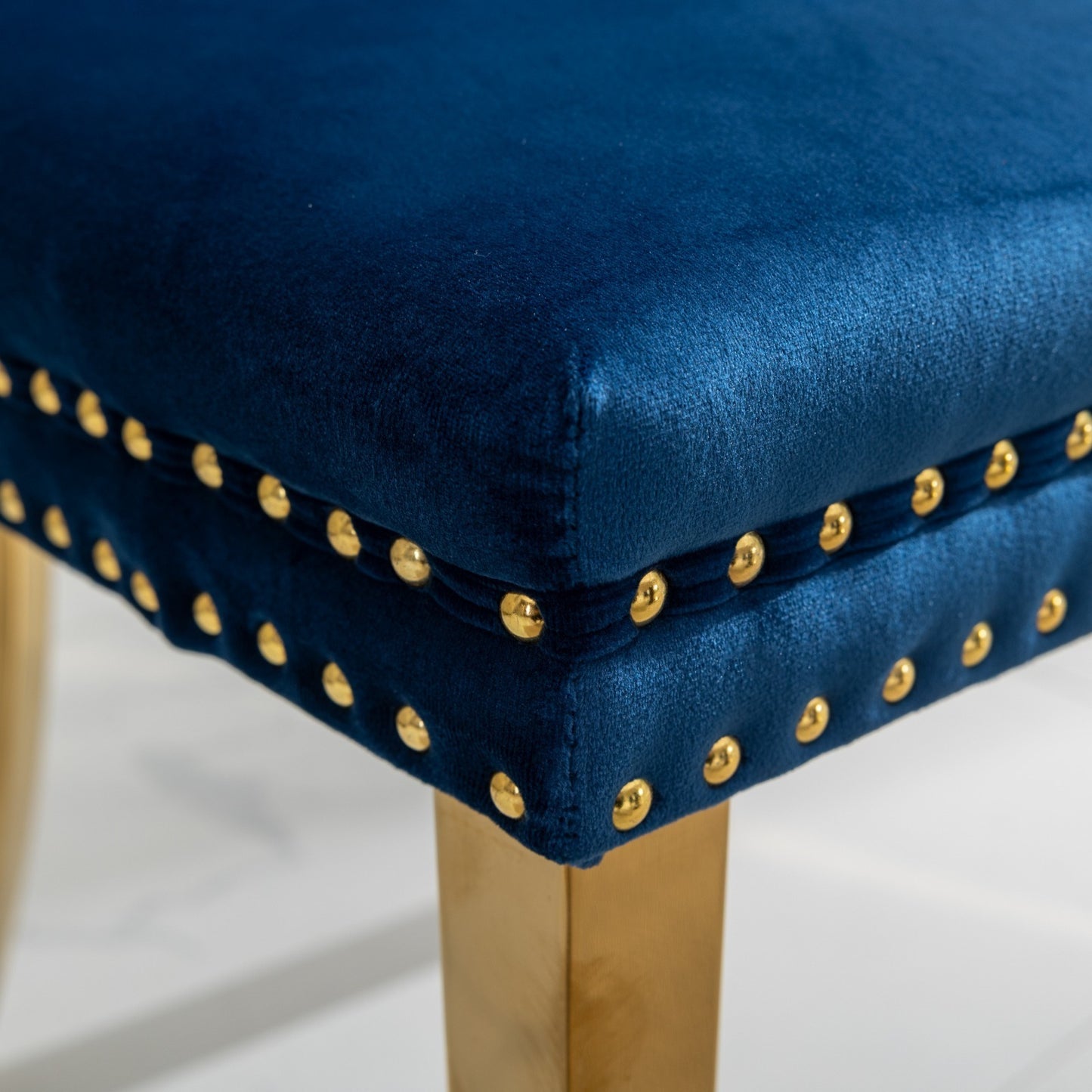 A&A Furniture,Nikki Collection Modern, High-end Tufted Solid Wood Contemporary Velvet Upholstered Dining Chair with Golden Stainless Steel Plating Legs,Nailhead Trim,Set of 2,Blue and Gold, SW1601BL