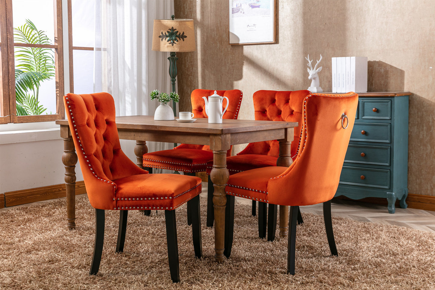 Nikki Collection Modern, High-end Tufted Solid Wood Contemporary Velvet Upholstered Dining Chair with Wood Legs Nailhead Trim 2-Pcs Set, Orange, SW2001OG