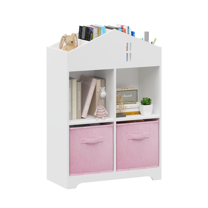 Kids Dollhouse Bookcase with Storage, 2-Tier Storage Display Organizer, Toddler Bookshelf with 2 Collapsible Fabric Drawers for Bedroom or Playroom (White/Pink)