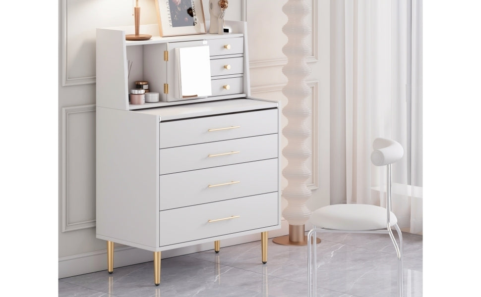 Vanity Makeup Table with Mirror and Retractable Table, Storage Dresser for Bedroom with 7 Drawers and Hidden Storage,White