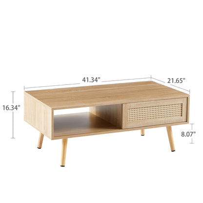 41.34" Rattan Coffee table, sliding door for storage, solid wood legs, Modern table  for living room , natural