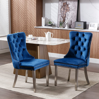 Nikki Collection Modern, High-end Tufted Solid Wood Contemporary Velvet Upholstered Dining Chair with Chrome Stainless Steel Plating Legs,Nailhead Trim,Set of 2,Blue and Chrome, SW1701BL