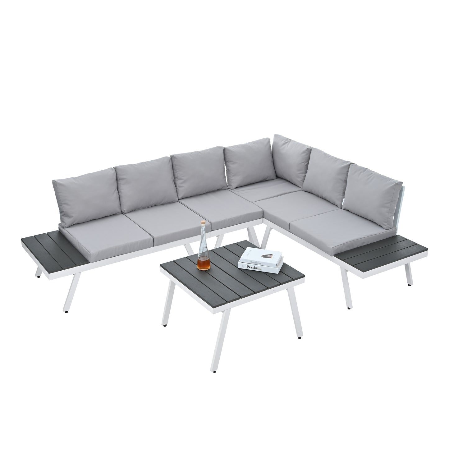 TOPMAX Industrial 5-Piece Aluminum Outdoor Patio Furniture Set, Modern Garden Sectional Sofa Set with End Tables, Coffee Table and Furniture Clips for Backyard, White+Grey