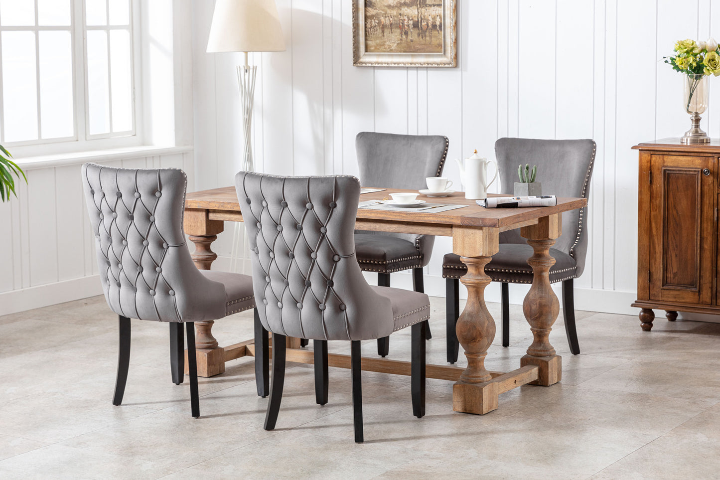 A&A Furniture,Upholstered Wing-Back Dining Chair with Backstitching Nailhead Trim and Solid Wood Legs,Set of 2, Gray,SW8809GY,  KD