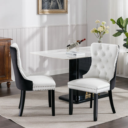 A&A Furniture,Nikki Collection Modern, High-end Tufted Solid Wood Contemporary PU and Velvet Upholstered Dining Chair with Wood Legs Nailhead Trim  2-Pcs Set，White+Black, SW2101WB