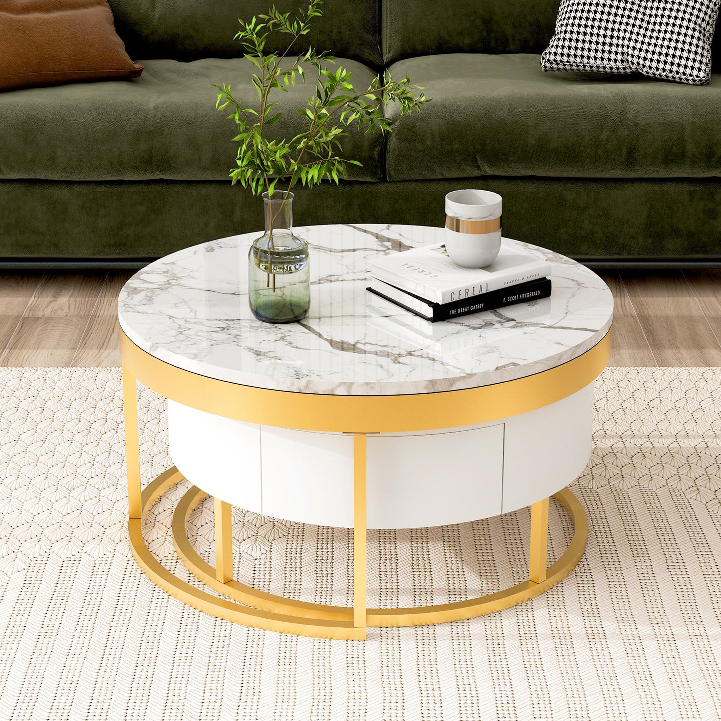 Modern Round  Nesting Coffee Table with Drawers in White