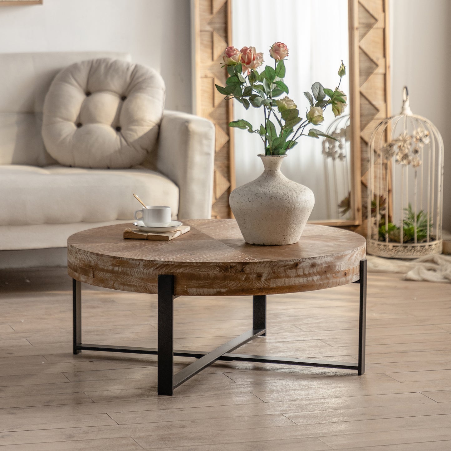 31.29"Modern Retro Splicing Round Coffee Table, Fir Wood Table Top with Black Cross Legs Base(Same SKU:W75770652)