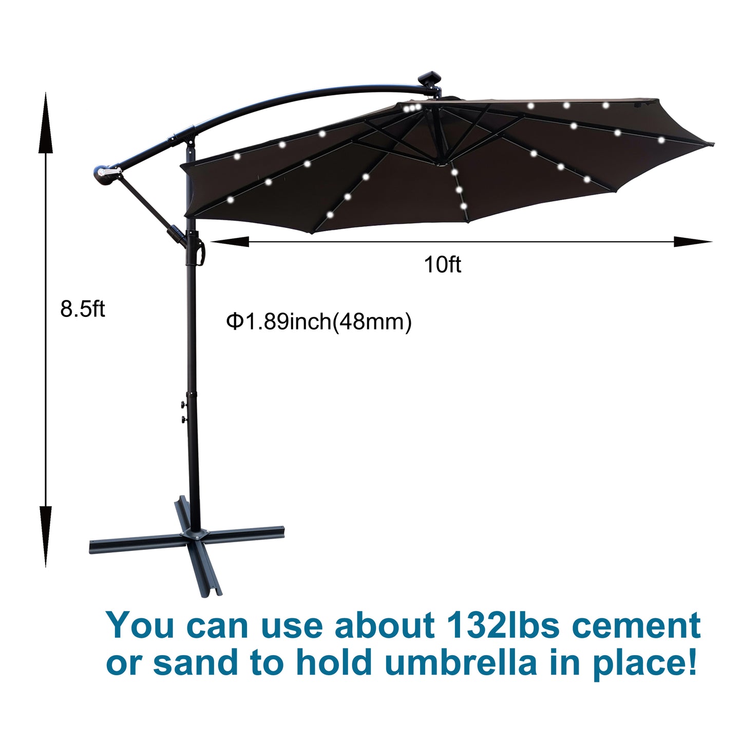 10 ft Outdoor Patio Umbrella Solar Powered LED Lighted Sun Shade Market Waterproof 8 Ribs Umbrella with Crank and Cross Base for Garden Deck Backyard Pool Shade Outside Deck Swimming Pool