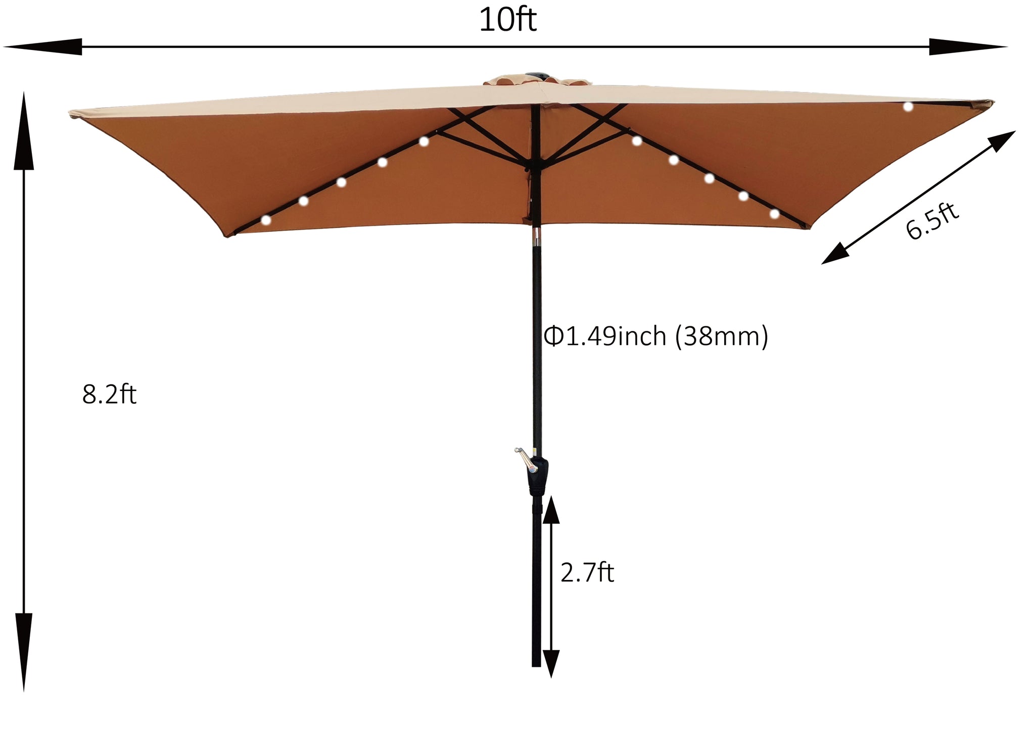 10 x 6.5t Rectangular Patio Solar LED Lighted Outdoor Market Umbrellas with Crank & Push Button Tilt for Garden Shade Outside Swimming Pool