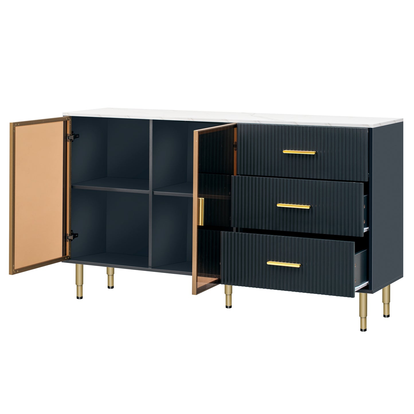 TREXM Modern Sideboard MDF Buffet Cabinet Marble Sticker Tabletop and Amber-yellow Tempered Glass Doors with Gold Metal Legs & Handles (Navy Blue)