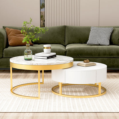 Modern Round  Nesting Coffee Table with Drawers in White