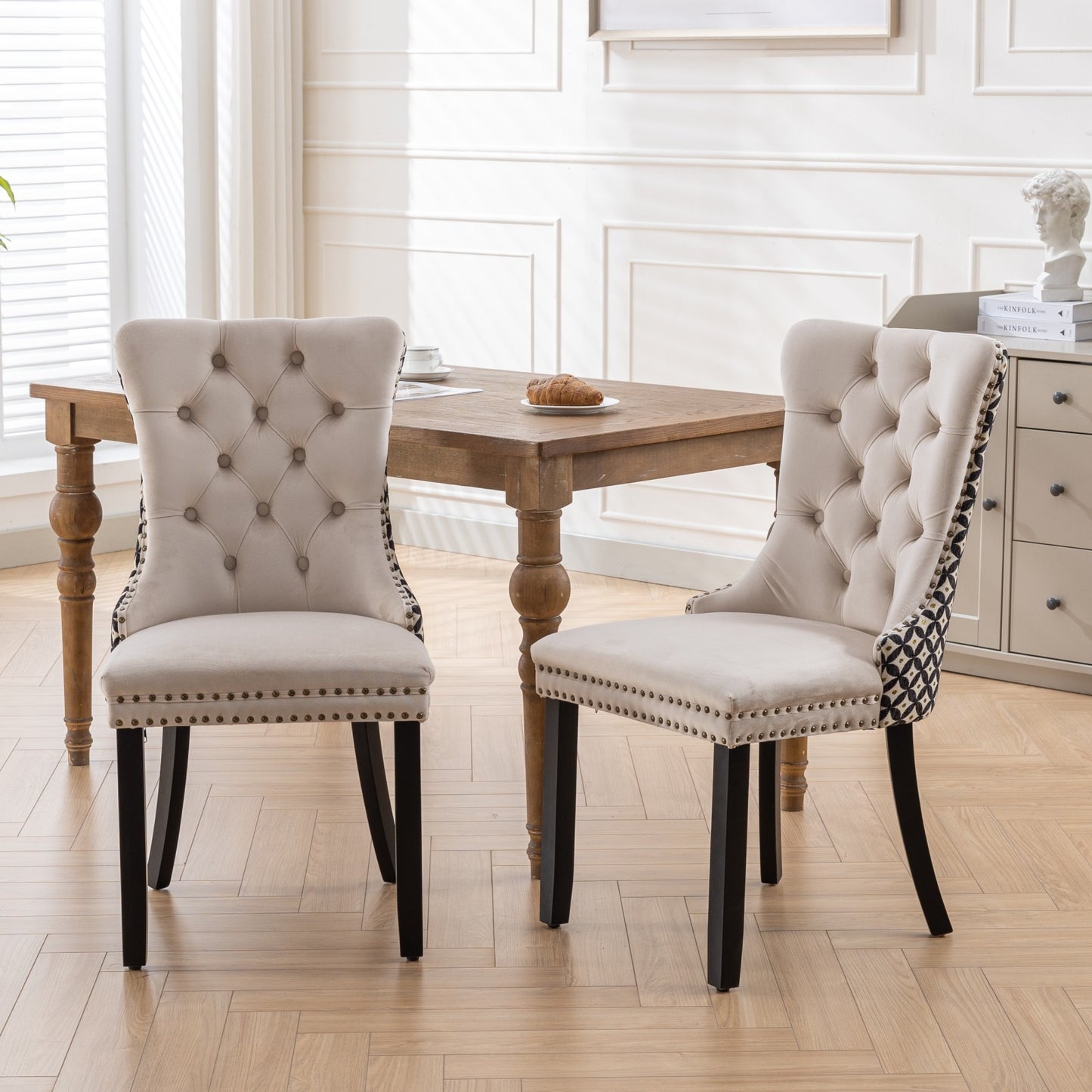 Classic Velvet Dining Chairs,  High-end Tufted Solid Wood Contemporary Velvet Upholstered Dining Chair with Wood Legs Nailhead, SET OF 2,Beige and Patterned,SW2201BG