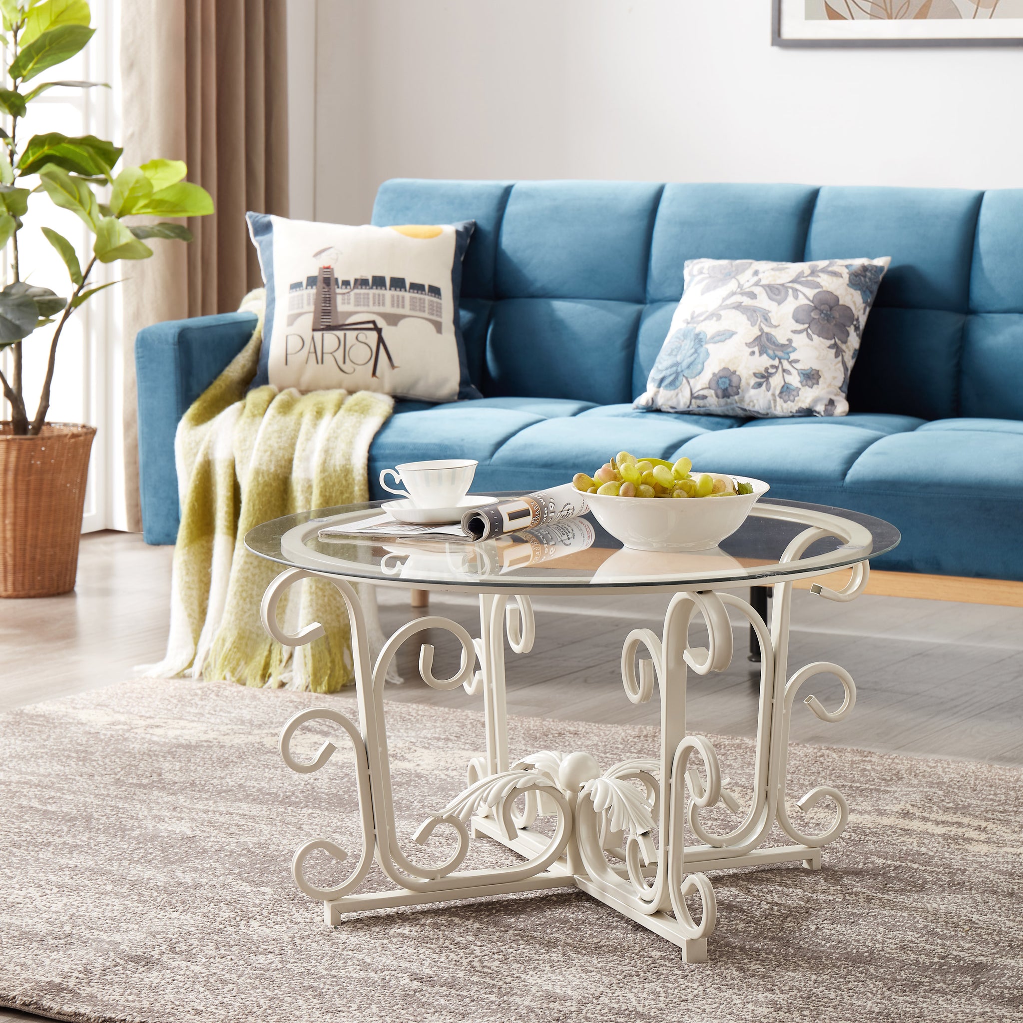 Glass Coffee Table with Sturdy Iron Leaf-shape Base, Leisure Cocktail Table with Tempered Glass Top for Living Room, Dining Room (White)