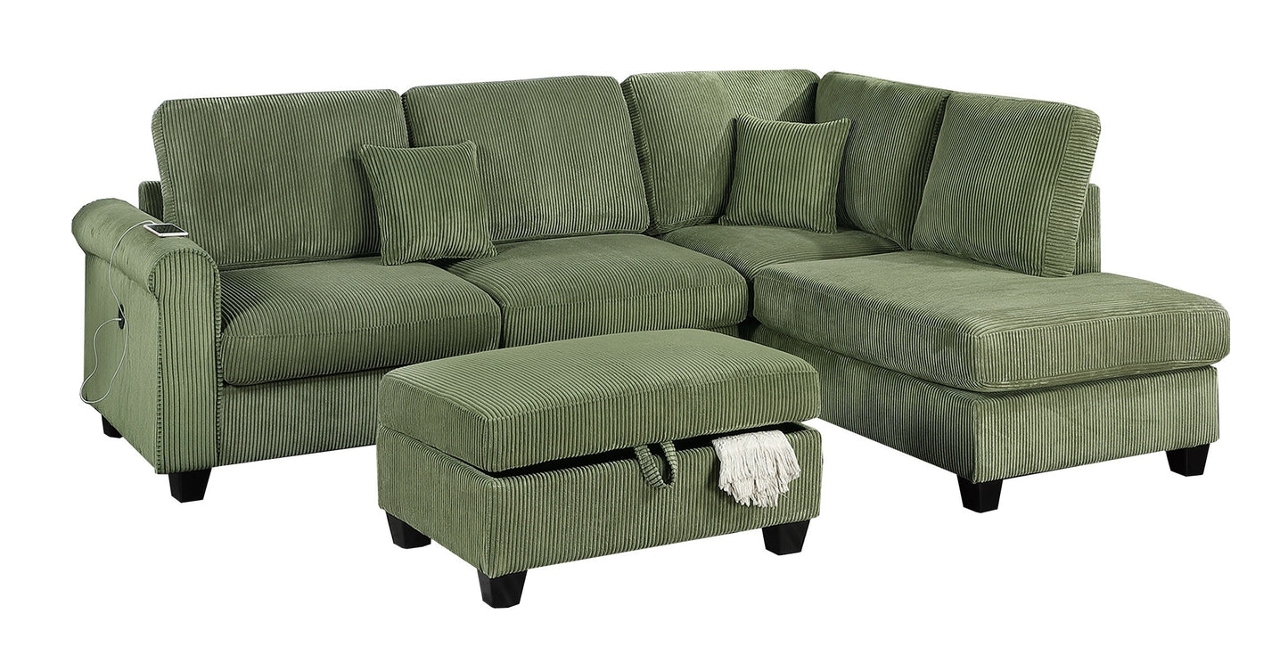 Gorgeous Sage Color 3pc Sectional Set Corduroy Upholstered LAF Sofa RAF Chaise Ottoman L-Sectional Living Room Furniture