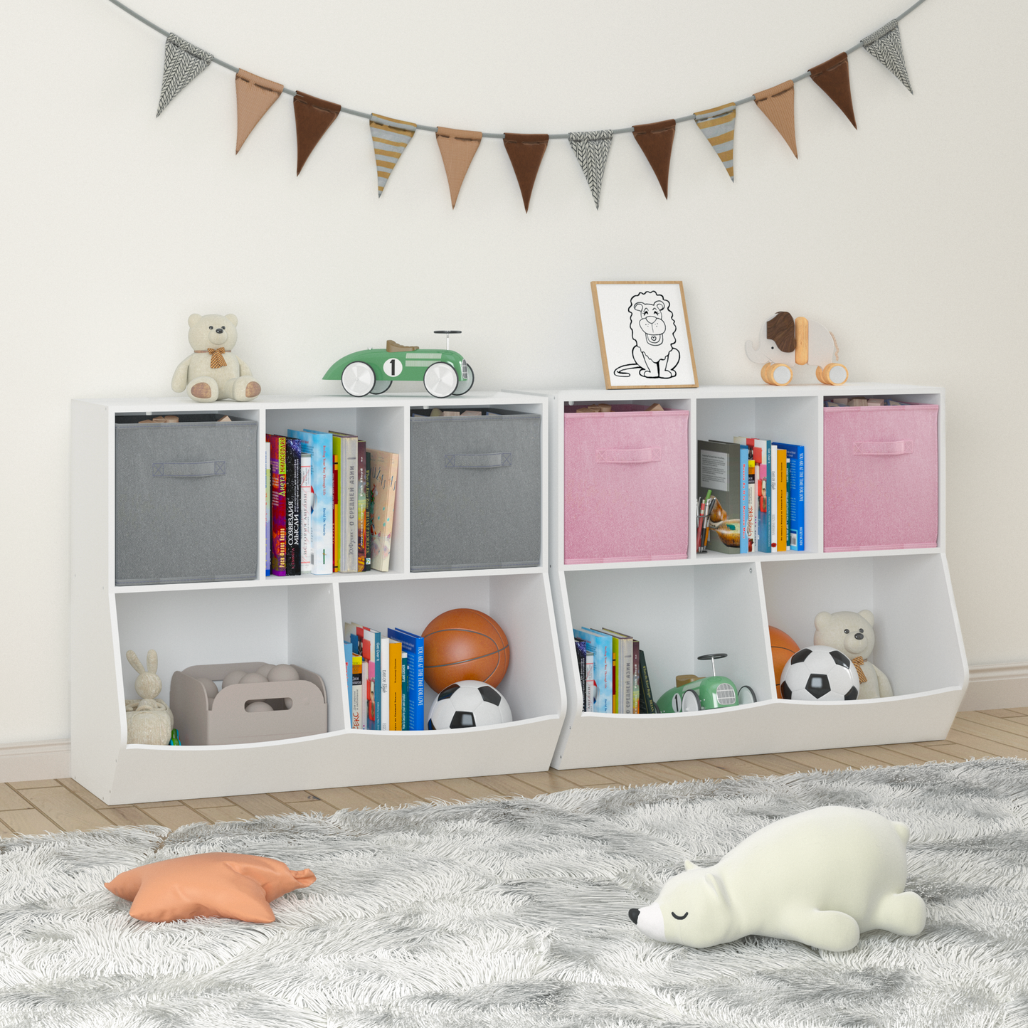 Kids Bookcase with Collapsible Fabric Drawers, Children's Toy Storage Cabinet for Playroom, Bedroom, Nursery, School, White/Pink