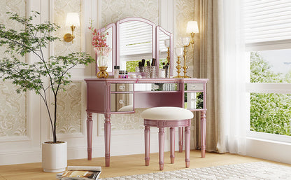 GO 43" Dressing Table Set with Mirrored Drawers and Stool, Tri-fold Mirror, Makeup Vanity Set for Bedroom, Rose Gold