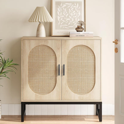 Glavbiku New Modern Rattan Arched 2 Door Storage Cabinet,Accent Cabinet with Metal Legs,31in L