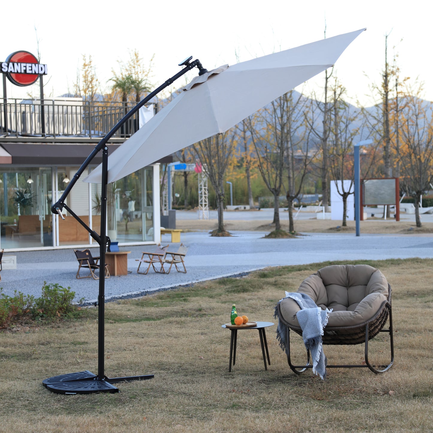 10ft Solar LED Offset Hanging Market Patio Umbrella  ( khaki )