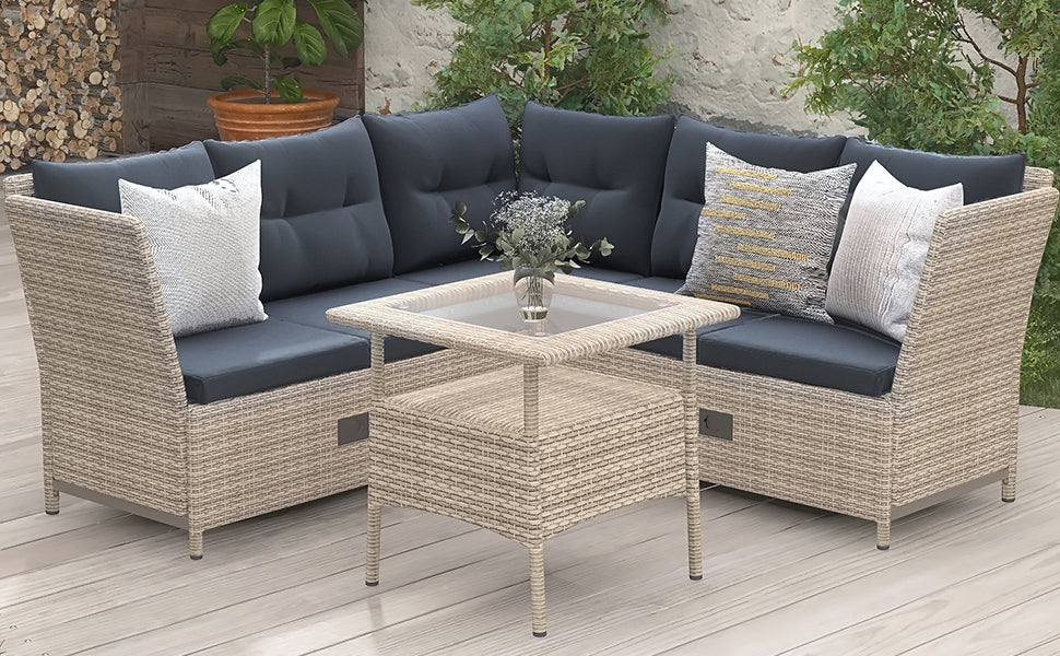 TOPMAX Outdoor Patio 4-Piece All Weather PE Wicker Rattan Sofa Set with Adjustable Backs for Backyard, Poolside, Gray