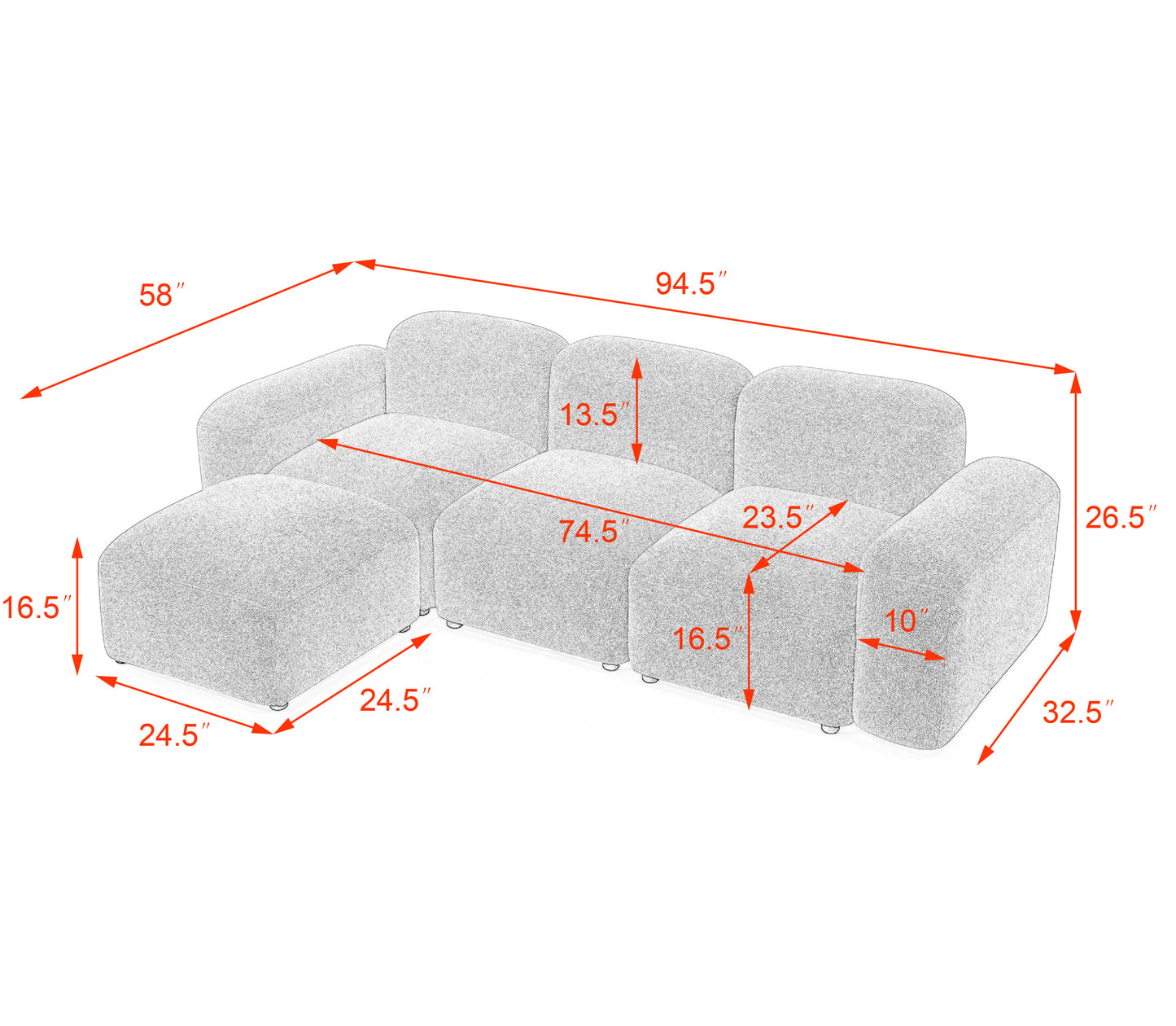 L-Shape Modular Sectional Sofa, DIY Combination,Teddy Fabric,White