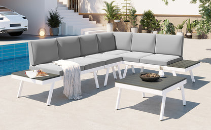 TOPMAX Industrial 5-Piece Aluminum Outdoor Patio Furniture Set, Modern Garden Sectional Sofa Set with End Tables, Coffee Table and Furniture Clips for Backyard, White+Grey