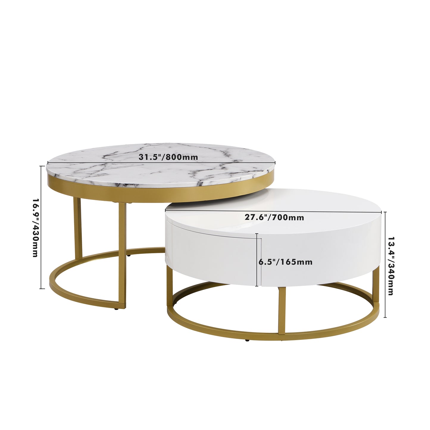 Modern Round  Nesting Coffee Table with Drawers in White