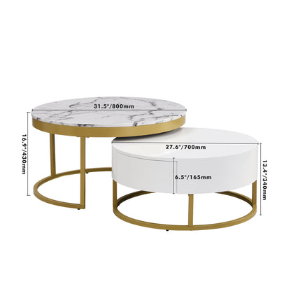 Modern Round  Nesting Coffee Table with Drawers in White