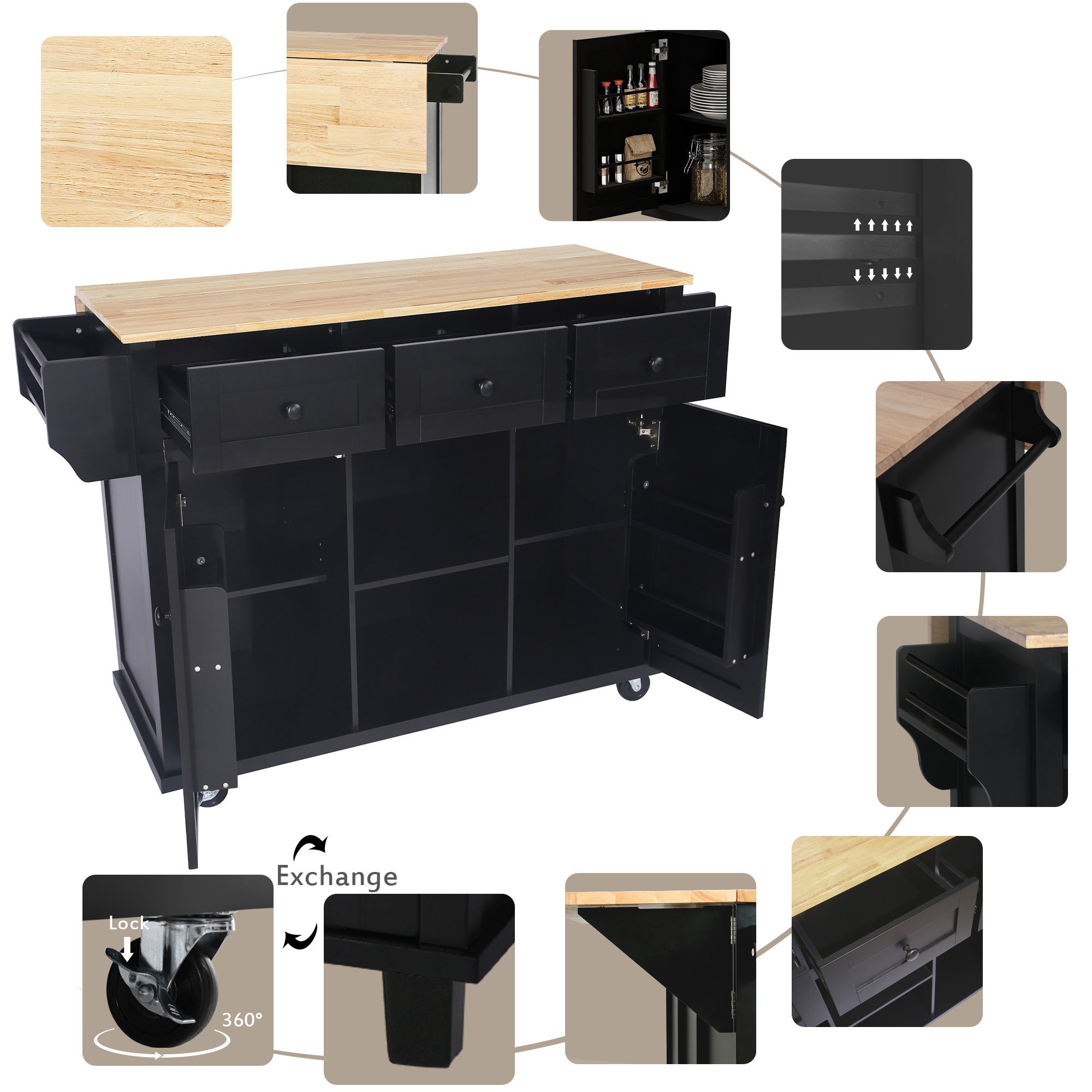 Kitchen Cart with Rubber wood Drop-Leaf Countertop ,Cabinet door internal storage racks,Kitchen Island on 5 Wheels with Storage Cabinet and 3 Drawers for Dinning Room, Black