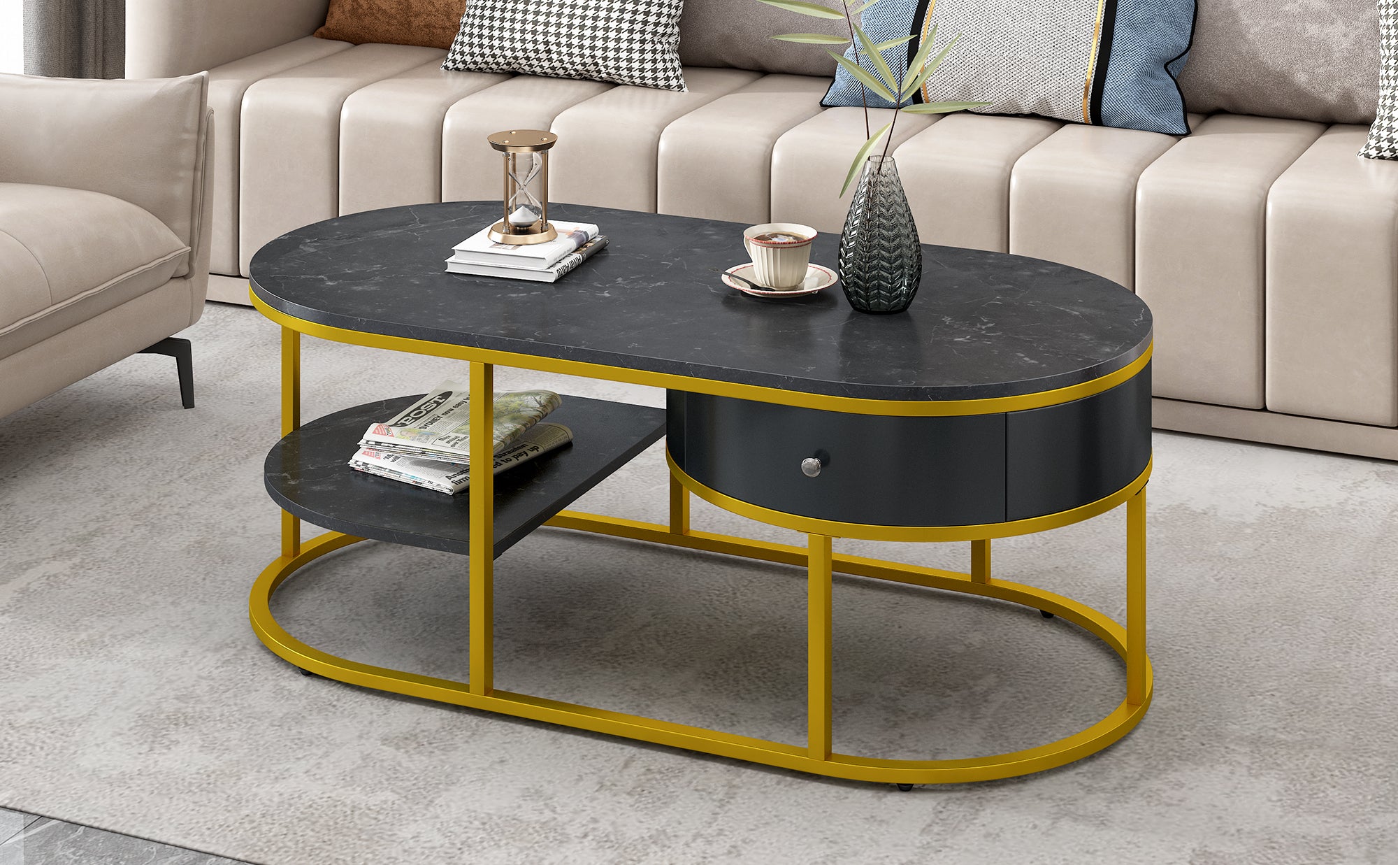 U-Can Modern Marble Golden Coffee Table, Metal Frame, with Drawers & Shelves Storage for Living Room