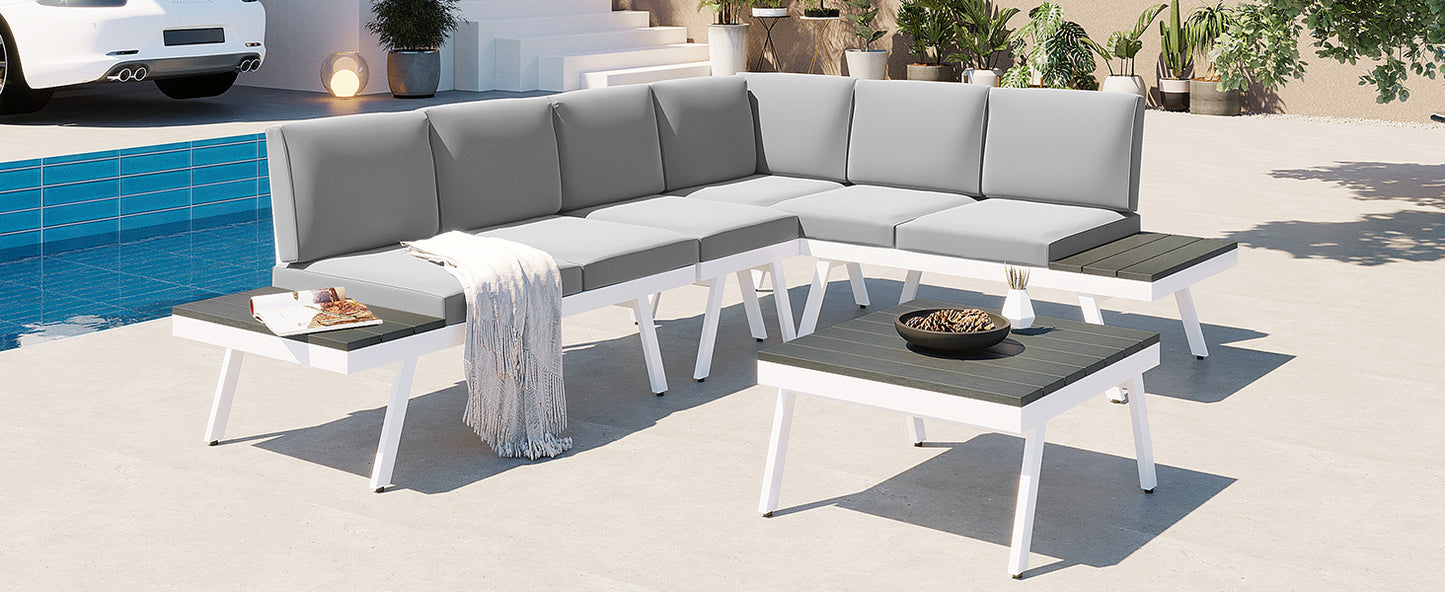 TOPMAX Industrial 5-Piece Aluminum Outdoor Patio Furniture Set, Modern Garden Sectional Sofa Set with End Tables, Coffee Table and Furniture Clips for Backyard, White+Grey