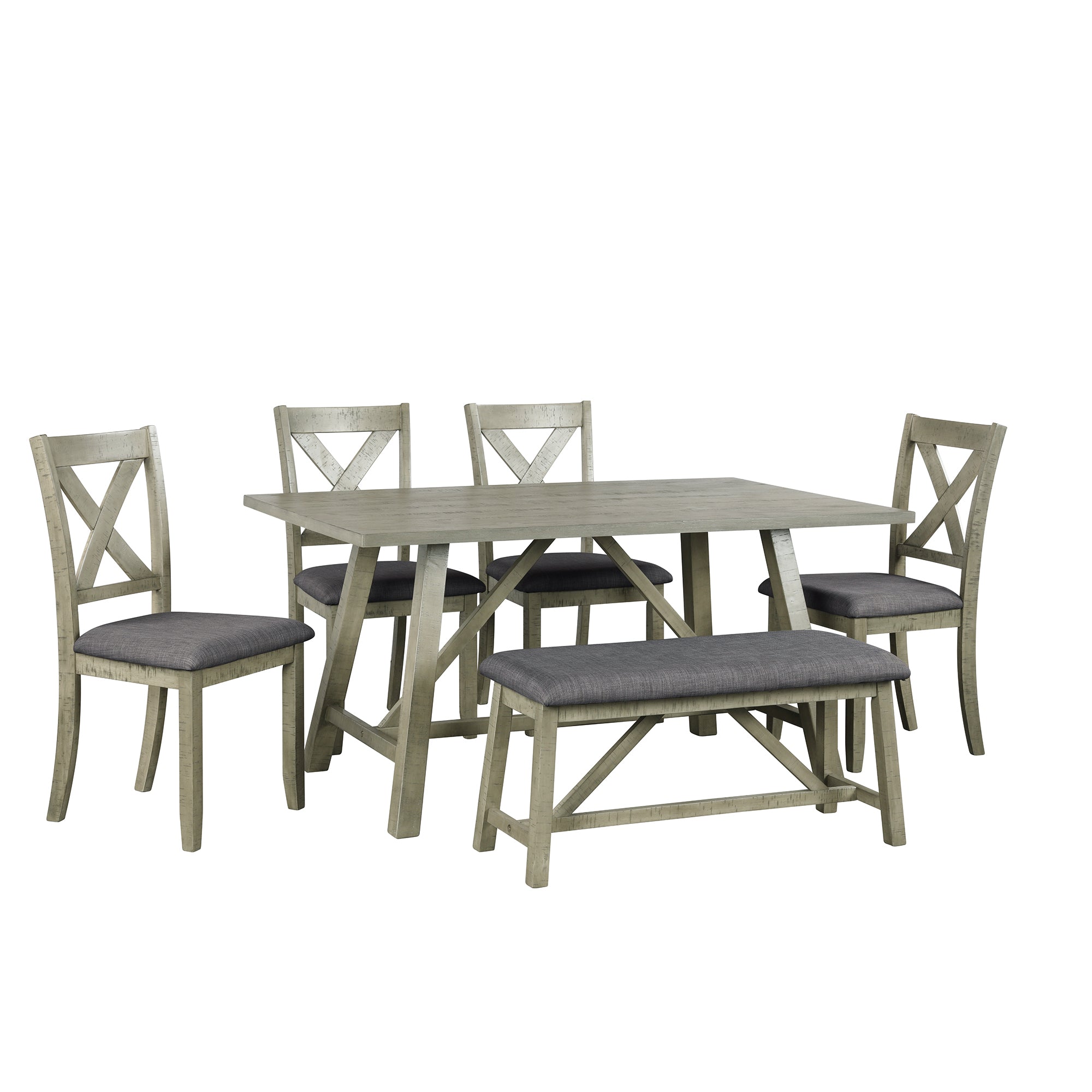 TOPMAX 6 Piece Dining Table Set Wood Dining Table and chair Kitchen Table Set with Table, Bench and 4 Chairs, Rustic Style, Gray(No Difference with SH000109AAE)