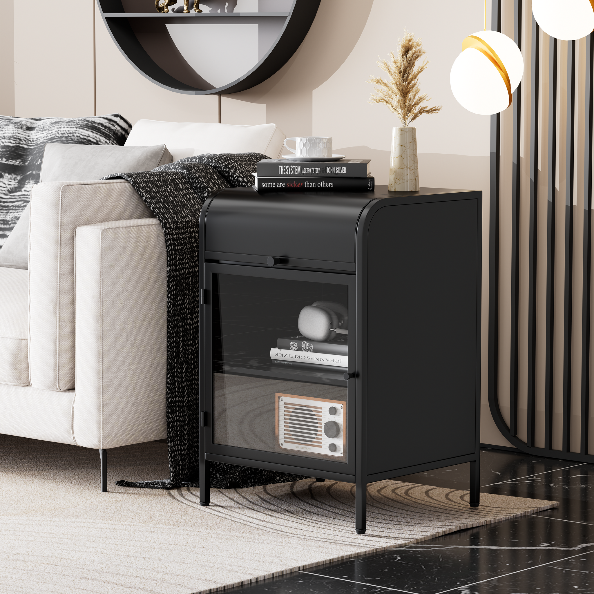 Glavbiku Modern Metal Nightstand with 1 Flap Cubby,End Table with Glass Door for Bedroom