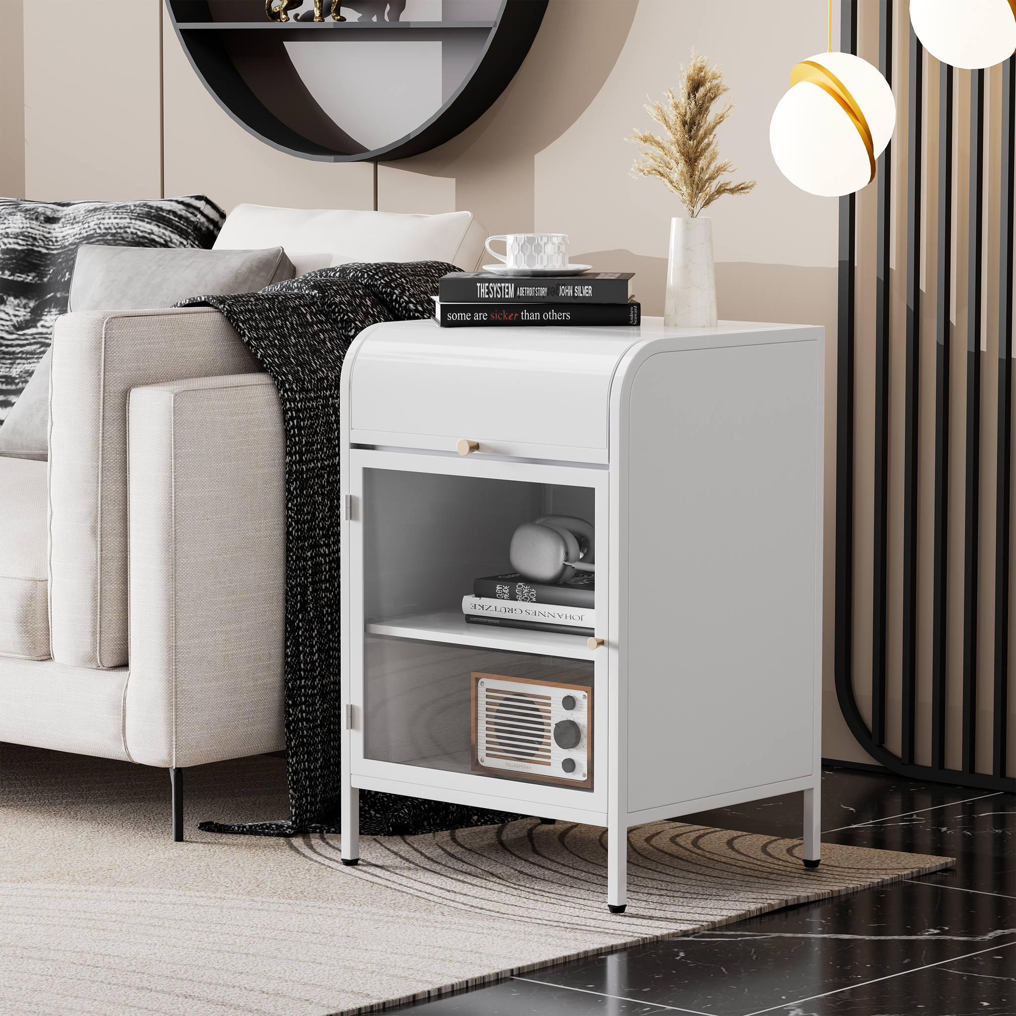 Glavbiku Modern Metal Nightstand with 1 Flap Cubby,End Table with Glass Door for Bedroom