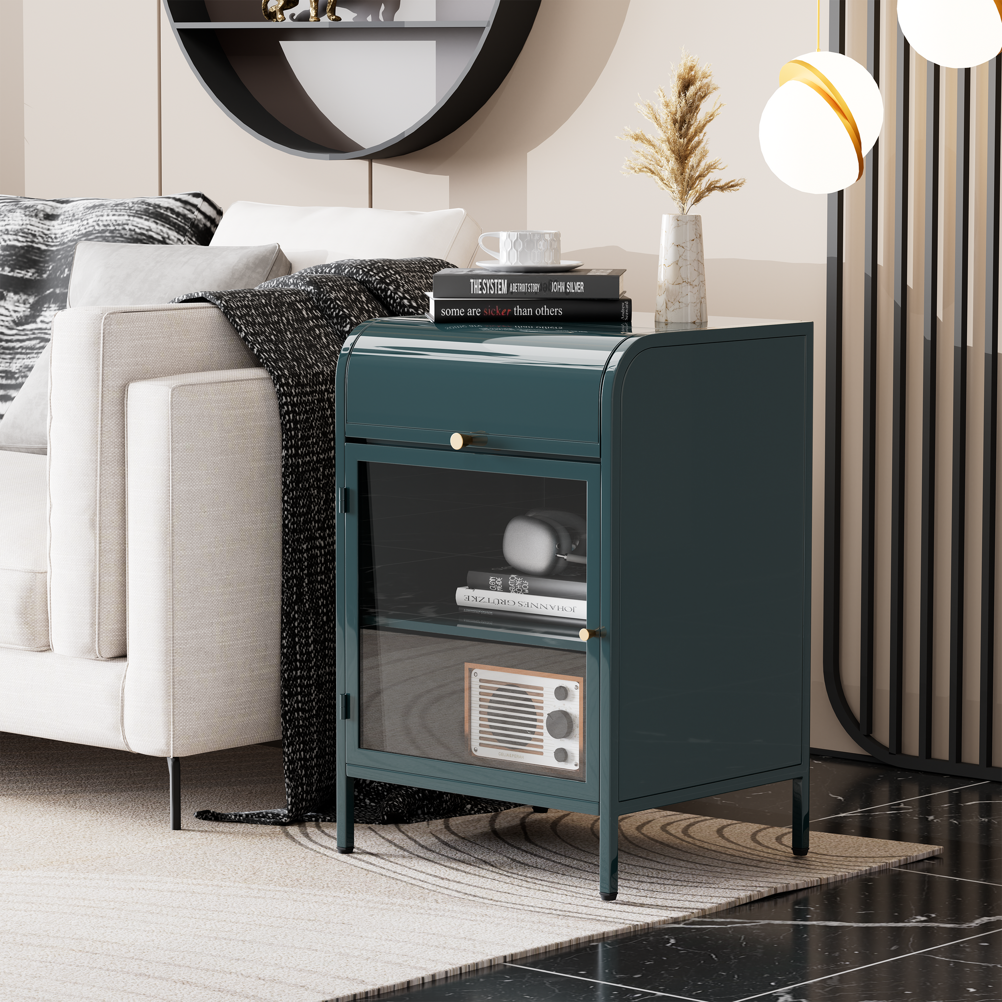 Glavbiku Modern Metal Nightstand with 1 Flap Cubby,End Table with Glass Door for Bedroom