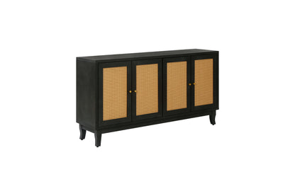 Handcrafted Premium Grain Panels,Rattan Sideboard Buffer Cabinet,Accent Storage Cabinet With 4 Rattan Doors, Modern Storage Cupboard Console Table with Adjustable Shelves for Living Room ,BLACK