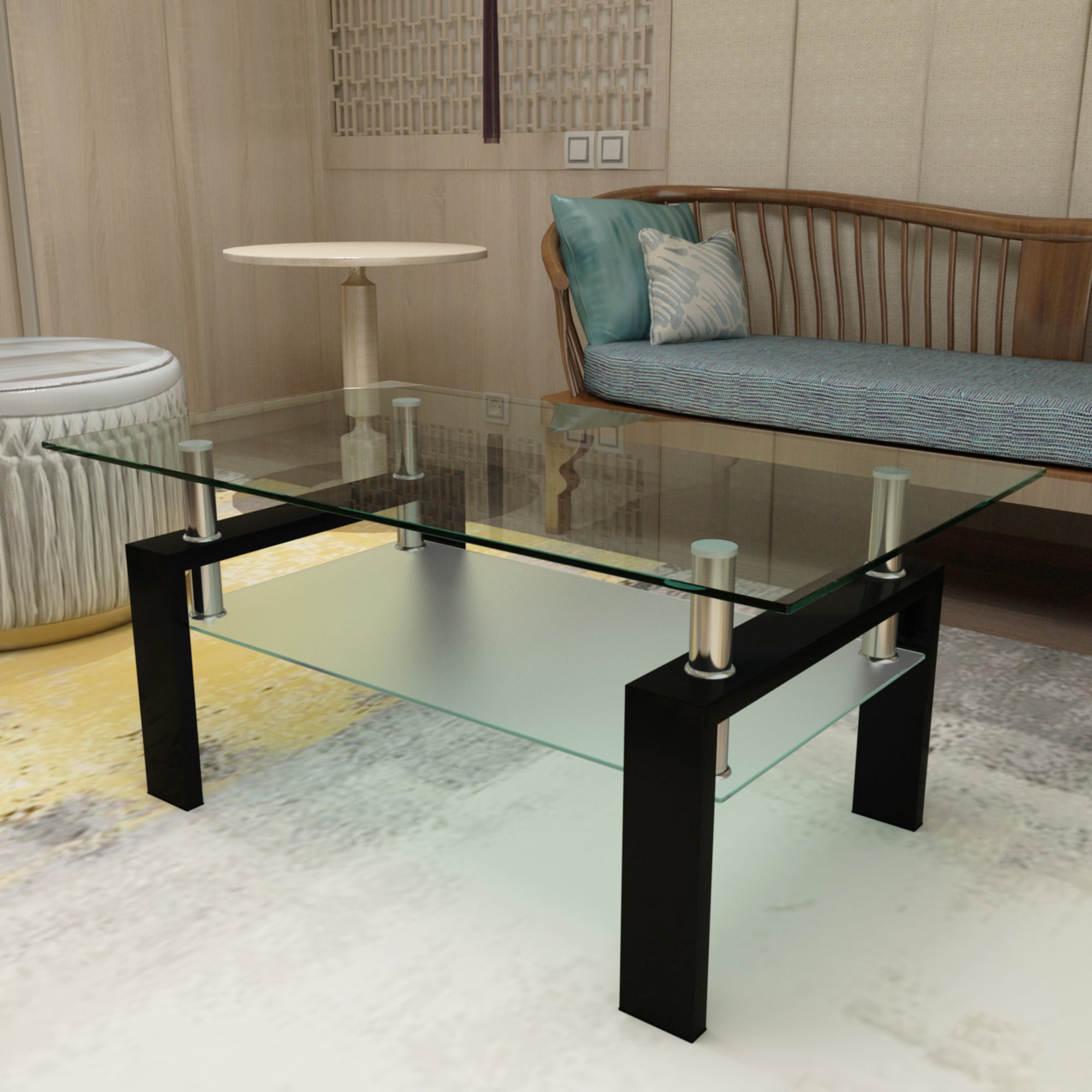 Rectangle Black Glass Coffee Table, Clear Coffee Table, Modern Side Center Tables for Living Room, Living Room Furniture