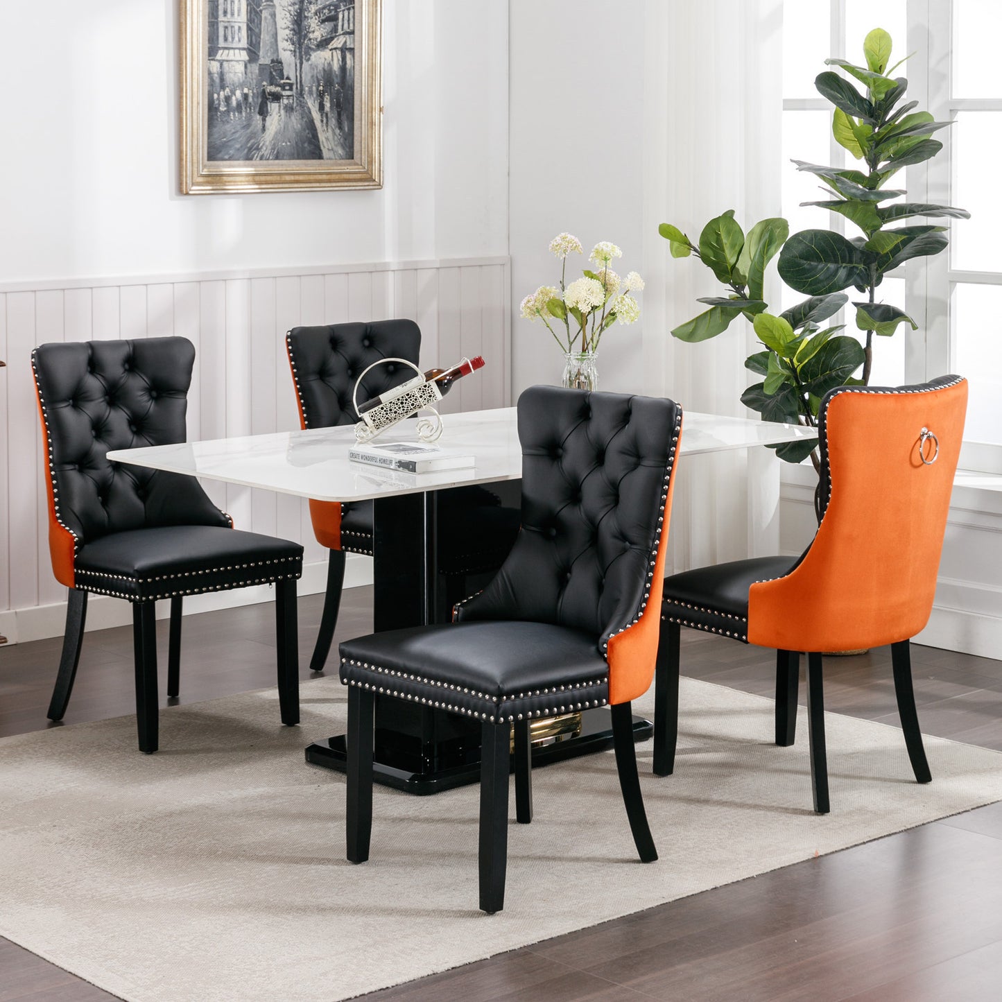 A&A Furniture,Nikki Collection Modern, High-end Tufted Solid Wood Contemporary PU and Velvet Upholstered Dining Chair with Wood Legs Nailhead Trim  2-Pcs Set，Black+Orange, SW2101BO