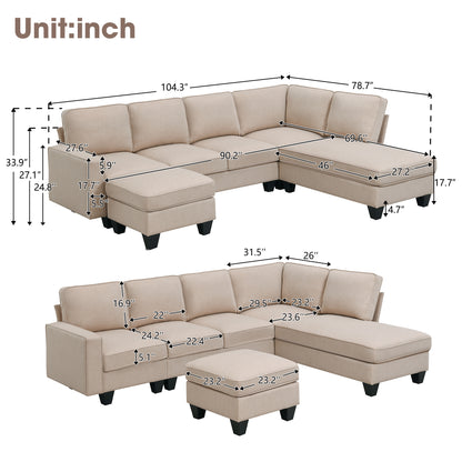 [VIDEO provided] [New] 104.3*78.7" Modern L-shaped Sectional Sofa,7-seat Linen Fabric Couch Set with Chaise Lounge and Convertible Ottoman for Living Room,Apartment,Office,3 Colors