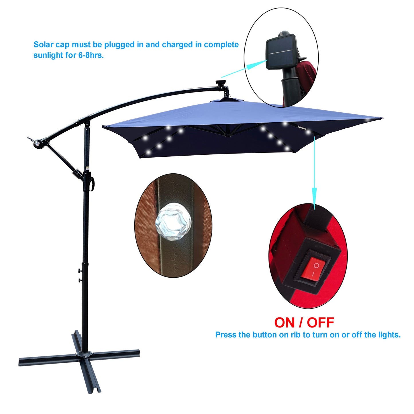 Rectangle 2x3M Outdoor Patio Umbrella Solar Powered LED Lighted Sun Shade Market Waterproof 6 Ribs Umbrella with Crank and Cross Base for Garden Deck Backyard Pool Shade Outside Deck Swimming Pool