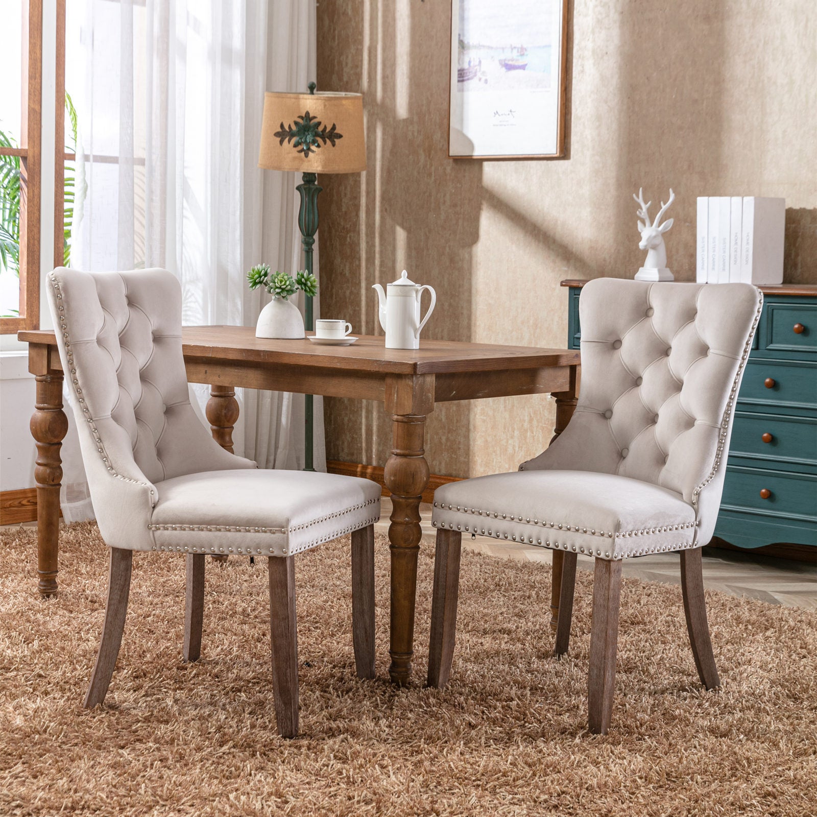 Nikki Collection Modern, High-end Tufted Solid Wood Contemporary Velvet Upholstered Dining Chair with Wood Legs Nailhead Trim 2-Pcs Set,Beige, SW2001BG