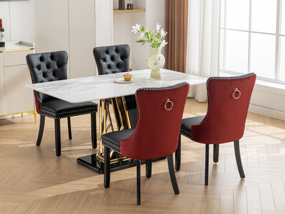 A&A Furniture, Nikki Collection Modern, High-end Tufted Solid Wood Contemporary PU and Velvet Upholstered Dining Chair with Wood Legs Nailhead Trim  2-Pcs Set, Black+WineRed, Burgundy,SW2101BW