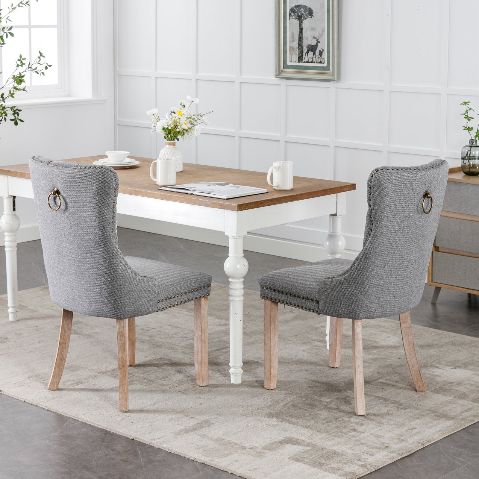 Nikki Collection Modern, High-end Tufted Solid Wood Contemporary Flax Upholstered Linen Dining Chair with Wood Legs Nailhead Trim 2-Pcs Set,Gray, SW6801GY