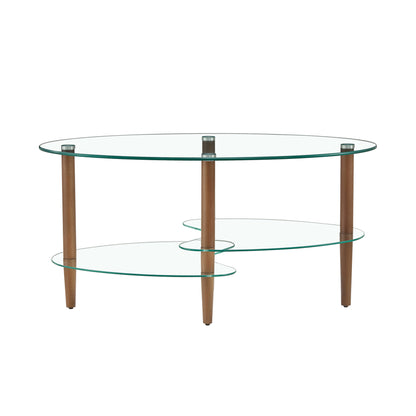 Transparent Oval glass coffee table, modern table in living room Oak wood leg tea table 3-layer  glass table