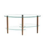 Transparent Oval glass coffee table, modern table in living room Oak wood leg tea table 3-layer  glass table