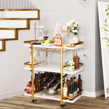 Gold Bar Cart with 3 Tiers for Stylish Storage, Home Bar Serving Cart with 4 Rows of Glass Holders & 8 Wine Racks, Modern Marbled Solid Wood Cart on Lockable Wheels, Coffee Bar Cart for Kitchen