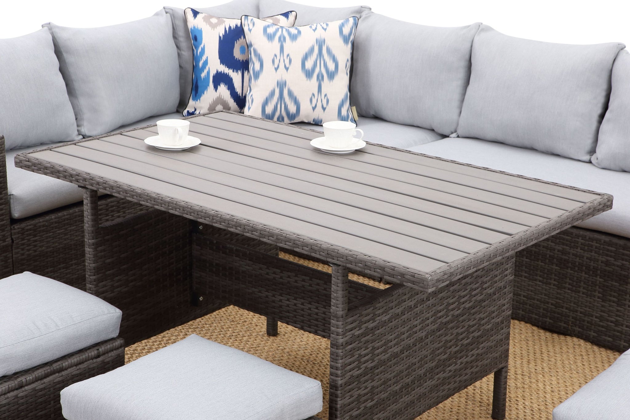 7-Pieces PE Rattan Wicker Patio Dining Sectional Cusions Sofa Set with Grey cushions